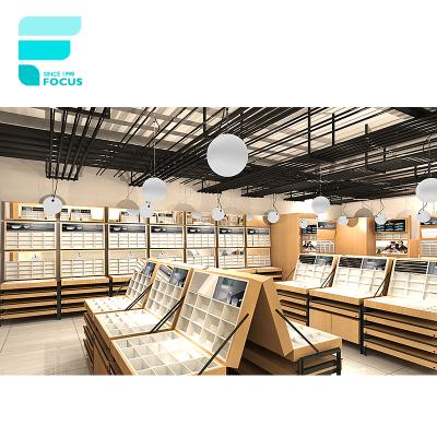 China Glasses Shop Classic Wooden Optical Shop Display Sunglass Shop Display Design Fashion 3D Interior Decoration for sale