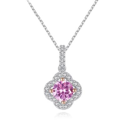 China TRENDY Korean 925 Sterling Silver Daisy Necklace Platinum Plated Four Leaf Clover Necklace Pink Square Cubic Zirconia Necklace for sale