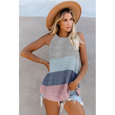 China Women's Summer Casual Loose Vest Halter Anti-pilling Color Block Vest Tank Top Ribbed Knitted Sexy Crop Top Women for sale