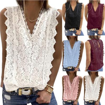 China Hot Sale Sexy Tops Summer Anti-pilling Hollow Sexy Blouse Plus Size V Neck White Tops Lace Up Fashion Women Sleeveless Tops for sale