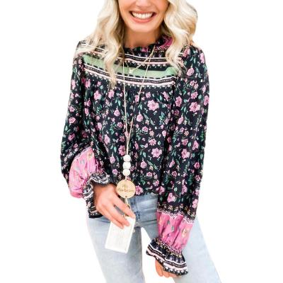 China Anti-wrinkle 2022 Spring Summer Women Tops Fashion Puff Sleeve Floral Print Ladies Casual Blouse Tops for sale