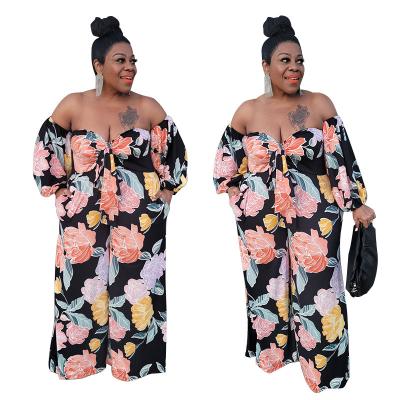 China 2021 Summer Waterproof Floral Print One Piece Overalls Off Shoulder Wide Leg Pants Plus Size Long Sleeve Casual Overalls for sale