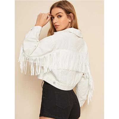 China Custom White Anti-wrinkle Tassel Fashion Women's Denim Shorts Ripped Jeans Crop Jackets for sale