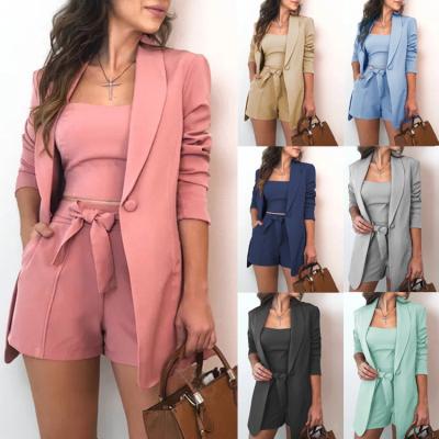 China Women Suits Office Set Breathable Crop Top Shorts Three Piece Sets Official Lady Blazer Simple Elegant Fashion Office Sets for sale