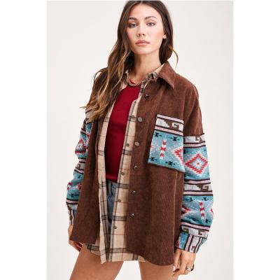 China Breathable Aztec Geometric Print Pocket Stitch Corduroy Fashion Long Sleeve Jacket Autumn Jackets For Women for sale