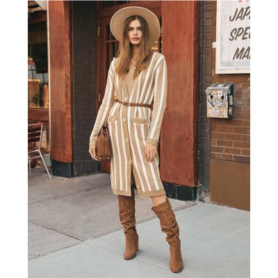 China Anti-wrinkle 2021 winter fashion v-neck cardigan long sleeve crochet cardigan dress single button striped casual loose waistband for sale