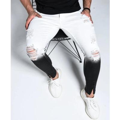 China Breathable Skinny Jeans Moto And Biker Style Destroy Wash Gradient White And Black Custom Printed Mens Pants Jeans for sale