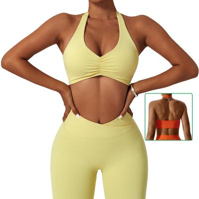 China Breathable High Stretchy Nude Naked V Neck Women Yoga Bra Top Fitness Workout Tight Shockproof Impact Sports Bra for sale