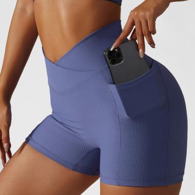 China Breathable Custom Logo High Waist Soft Comfortable Sport Summer Yoga Shorts Womens Ribbed Biker Shorts with Pockets for sale