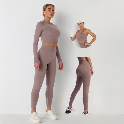 China Breathable Seamless Women Yoga Set Workout Sportswear Gym Clothing Fitness Long Sleeve Crop Top High Waist Leggings for sale