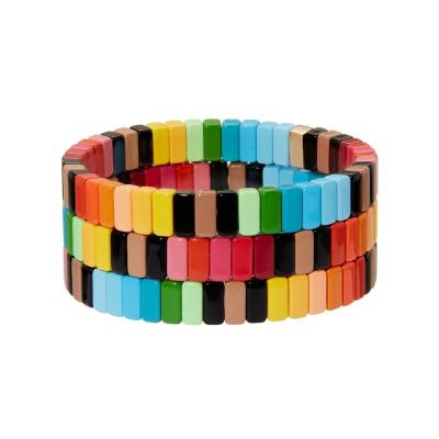 China FASHIONABLE New Design Customized Bohemian Enamel Stretch Bracelets Rainbow Tile Beaded Stretch Bracelet Sets For Women for sale