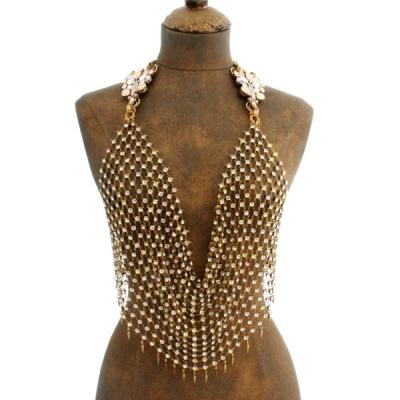 China FASHIONABLE Customized Luxury Gold Plated Rhinestone Hollow Out Chained Sexy Shiny Crystal Mesh Halter Body Nightclub Wear for sale