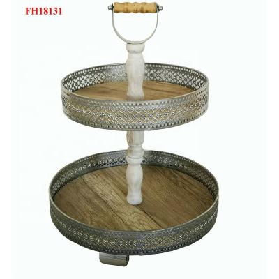 China eco-friendly & High Quality Rustic Vintage Kitchen Farmhouse Distressed 2 Tier Desert Tray Round Wooden Storage Serving Tray for sale