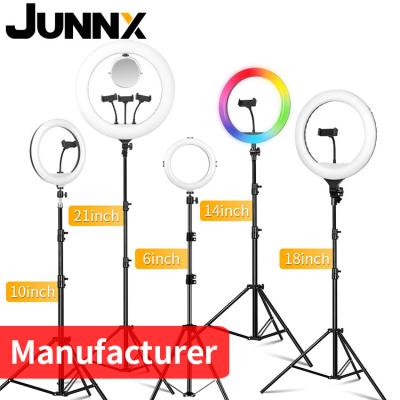 China JUNNX PORTABLE 6 8 10 11 12 13 14 16 18 21 Heart Makeup RGB Ringlight 21inch 10inch 18inch LED Selfie Ring Light with Tripod Stand for sale