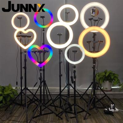 China JUNNX PORTABLE 10 18 21 Inch Live Streaming Selfie LED Makeup Phone Ring Lamp Tripod Photographic Lighting Ring Light with Mirror for sale