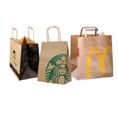 China Custom Logo Printed Cheap Eco Recycle Recyclable Take Away Food Packaging Brown Craft Paper Bag With Handles for sale