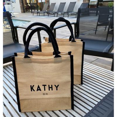 China Thailand Reusable Wholesale Custom Ladies Flat Bottom Lace Hessian Burlap Beach Jute Shopping Tote Bag With Logo for sale