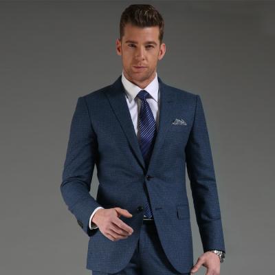 China Suit 100% Wool Two Buttons Half-canvas Blue Anti-shrink Peak Lapel New Check Style Mens Suit for sale