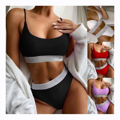 China 2021 Women's High Waist Bikini Solid Color Sparkle Swimwear Set Breathable Sexy Swimwear Bathing Suit for sale