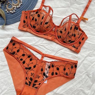 China New fashion color small QUICK DRY contrast embroidered lace mesh underwear transparent waist transparent waist ring steel bra set for sale