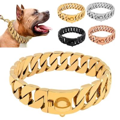 China Large Gold Padded Chain Leash For Large Dogs Metal Chew Heavy Duty 32MM Stainless Steel Pet Leash Chain With Heavy Duty Leather Padded Handle for sale