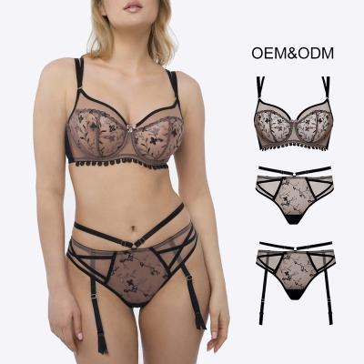 China Custom Brand Logo Embroidered Full Figure Bra, Plus Size Women's Sexy Underwear, OEM Spandex/Polyester Transparent Embroidered Bikini Women's Panties for sale