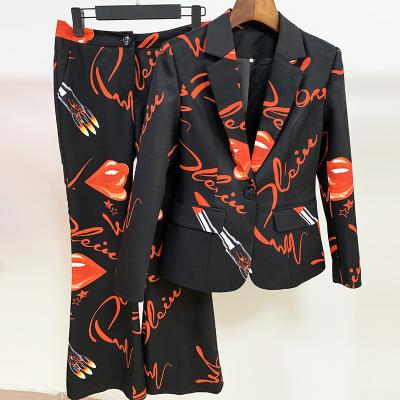 China 2022 Autumn Winter Suit New Customized Lip Red Letter Anti-Wrinkle Printing One Button Suit Flared Pants Suit for sale