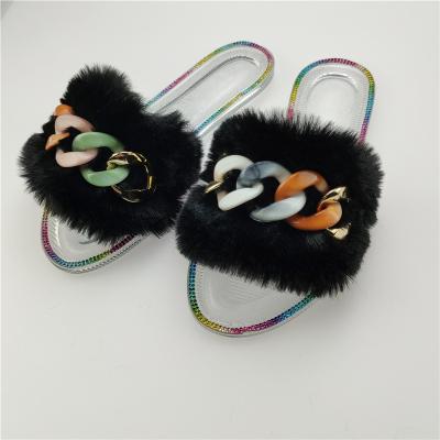 China Hard-Wearing Fur Women Slippers Home Furry flats Shoes transparent house Female Slides Metal Ladies Indoor Outdoor Beach Flip Flops for sale