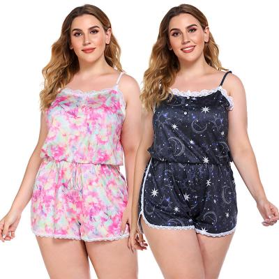 China Plus Size Breathable Women's One Piece Homewear Lace Decoration Thin Cute Tie Dye Printing Home Ladies Loose Plus Size Pajamas Women for sale