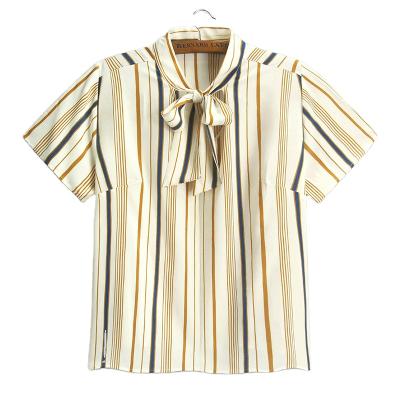 China 2021 summer new product QUICK DRY plus size women's shirt loose casual tie bow knitted striped tops for sale