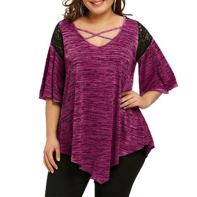 China 2021 Viable Women's Plus Size Irregular Stitching Lace Cross Sleeve Top Short T-Shirt for sale