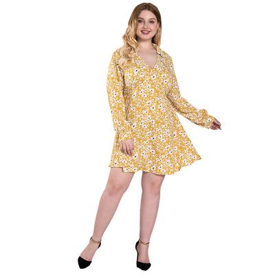 China Free sample small size clothing autumn breathable fresh temperament plus floral yellow long sleeve plus size mini casual dress for sale