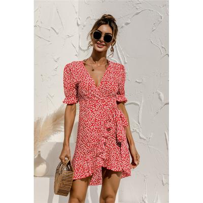 China Wholesale Hot Summer Anti-static Blow Sleeve Floral Deep V-Neckline Stain Woven Casual Short Dress for sale