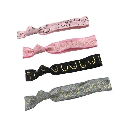 China 500pcs Headwear 4 Colors Hair Tie Cancer Awareness Printing Girls Breast Print Elastic Band Bracelet Girls Gold Foil Ponytail Breast Support for sale