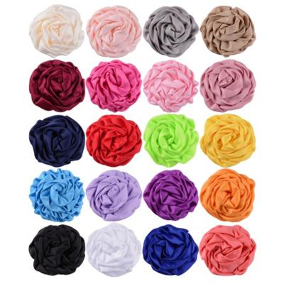 China Good Quality 8cm Rolled Satin Hair Flower 50pcs 25 Colors Back Rosette Fabric Hair Floral Flat for DIY Headband Hair Accessories for sale