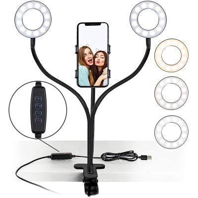 China Mini Flexible Live Stream Clip / Makeup Table Style Selfie Stand Two Ring Light Cell Phone Holder for sale