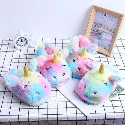 China Cushioning Rainbow Unicorn Cotton Slippers Plush Products Unicorn Bag Cotton Slippers Winter Slippers Home for sale