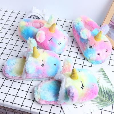 China Damping Amazon Best Selling Cute Girl Rainbow Unicorn Slippers Children Wholesale Plush Animal Slippers for sale