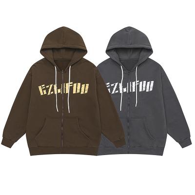 China Anti-Wrinkle Men Clothes Custom Vintage Brown Thick Zipper Hoodie Jacket Embroidery Print Logo Zipper Coat Men Full Zip Fleece Hoodie Jackets for sale