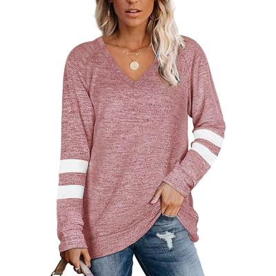 China New Fashion QUICK DRY Wholesale Hot Sale Factory Design V-Neck Plain Dyed Solid Blouse Long Sleeve Stripes Loose Tops Women Ladies T-Shirt for sale