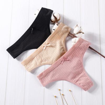 China Wholesale Pure Cotton Low Rise Low Rise Women's Sexy Young Girls Thong Underwear Breathable Women's Underwear With Bow Stripe Panties for sale