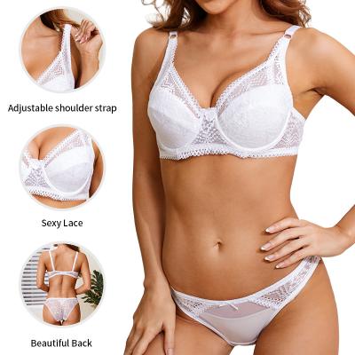 China Factory wholesale sexy QUICK DRY lace women plus size girl breathable adjustable shoulder straps waist net thin bra panties set for sale