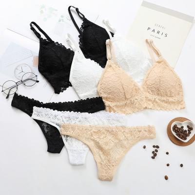 China QUICK DRY Women Ladies Sexy Lace Flower Deep V Bra Sets Breathable Adjustable Straps Mesh Cotton G-String Thongs Panties Thin Set for sale