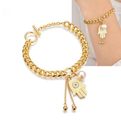 China Environmental Friendly Antique Turkish Hamsa Fatima Hand Charms Bracelet 14K Gold Plating Evil Eye Bead Charm Women Bracelet Stainless Steel Jewelry for sale