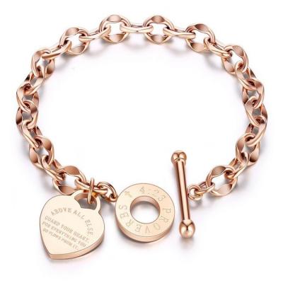 China New Arrival TRENDY Heart Charm Engraved Women Stainless Steel Rose Gold Bracelet for sale