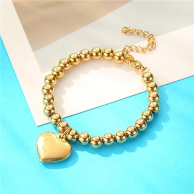 China New Arrivals Ladies Stainless Steel Heart Shape Charm 6MM Ball Bracelets Environmental Friendly 18k Gold Plated Round Beaded Bracelet Jewelry for sale