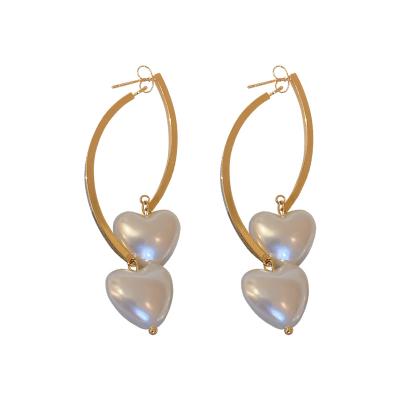 China Lead And Nickel Free Korean Fashion Simple Soft Women Gold Plated Double Heart Pearl Charm Drop Earrings JEWELRY For Christmas Gift for sale