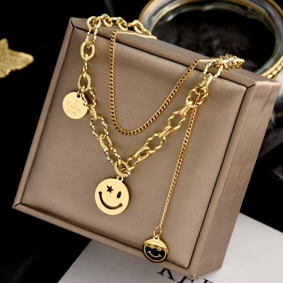 China Cool Girl Hip Hop Hip Disc Personality Face Double Clavicle Chain Environmentally Friendly Round Titanium Steel Smiling Street Necklace for sale