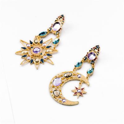 China Environmental Friendly Star Stone Moon Stone CZ Zircon Wholesale Ear Jewelry Vintage Style Women Dangle Earrings for sale