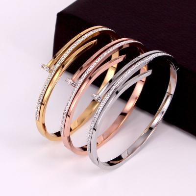 China Wholesale Environmentally Friendly Designer Jewelry Zirconia Nail Bracelet Silver Rose Women Stainless Steel Gold Plated Female Cuff Nail Diamond Bracelets for sale